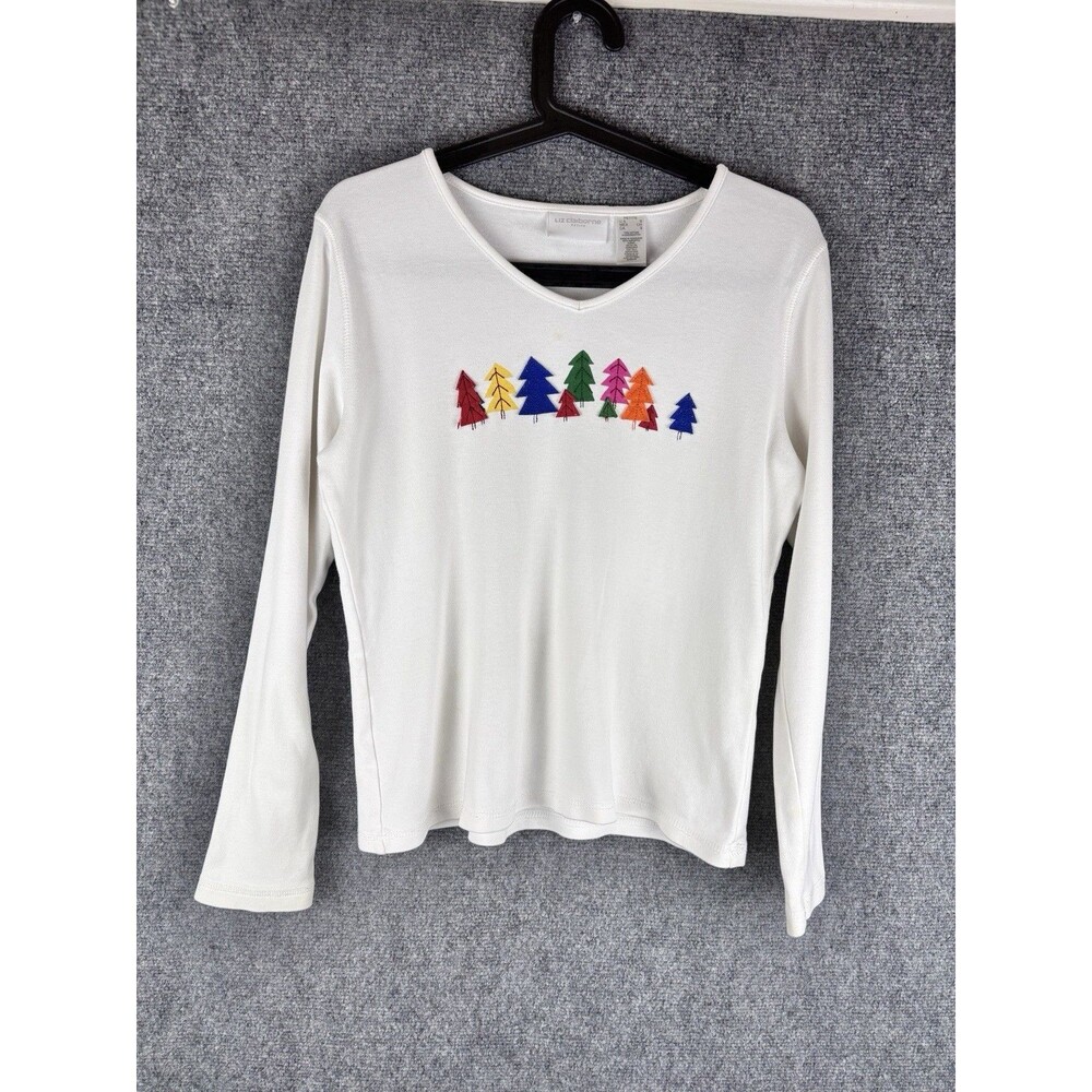 Liz Claiborne Petite S White Christmas Tree Long Sleeve Tee STAIN